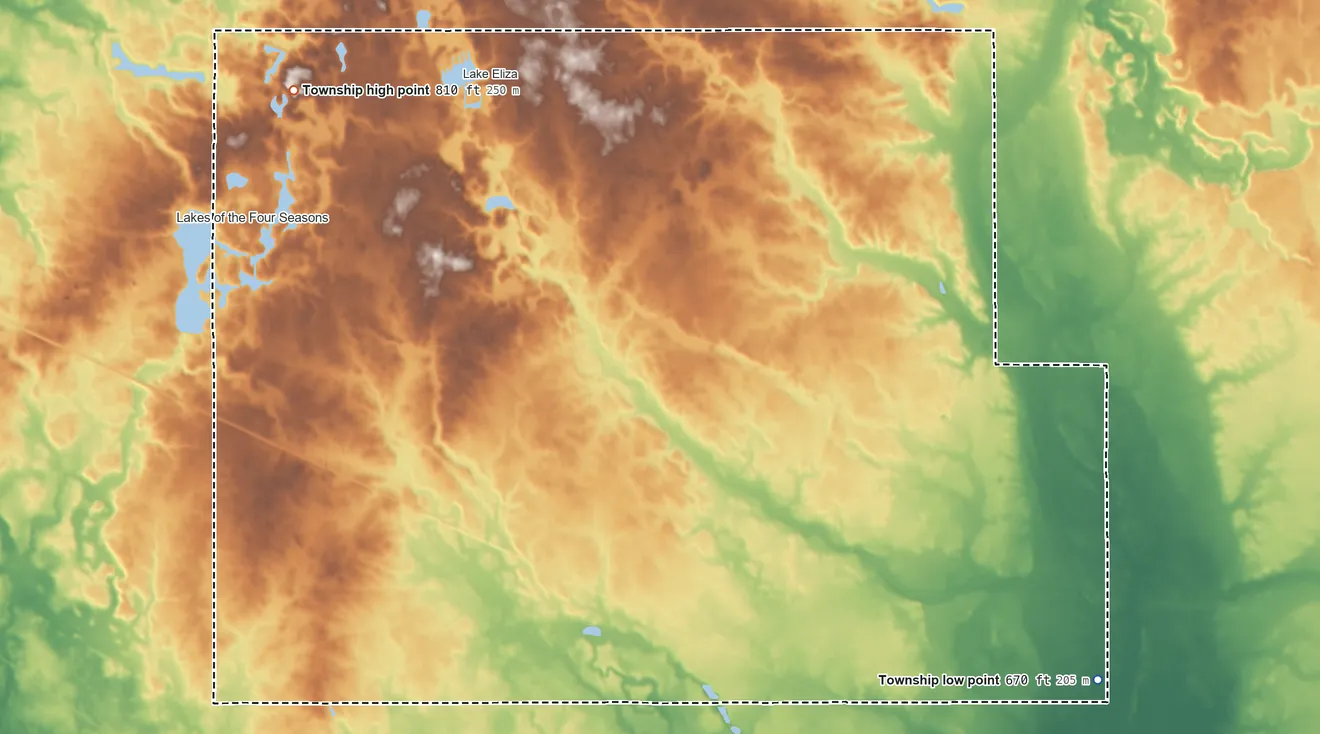 Topographic elevation map of Porter Township, Indiana, shaded from 670 ft on the southeast side to 810 ft on the northwest side