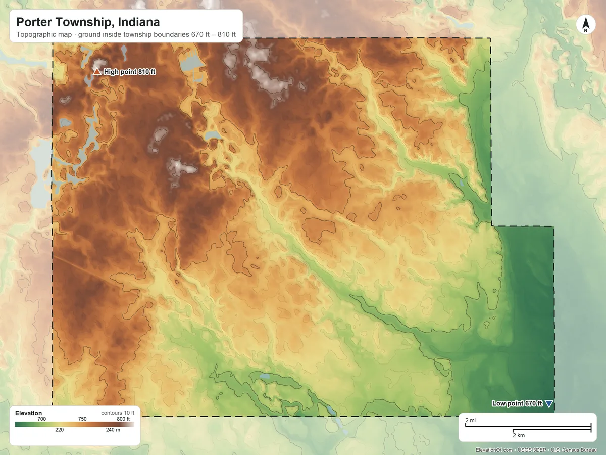 Topographic elevation map of Porter Township, Indiana, shaded from 670 ft on the southeast side to 810 ft on the northwest side