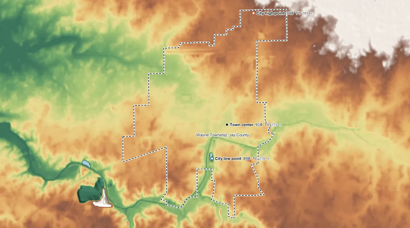 Topographic elevation map of Portland, Indiana, shaded from 890 ft on the southwest side to 940 ft on the north side