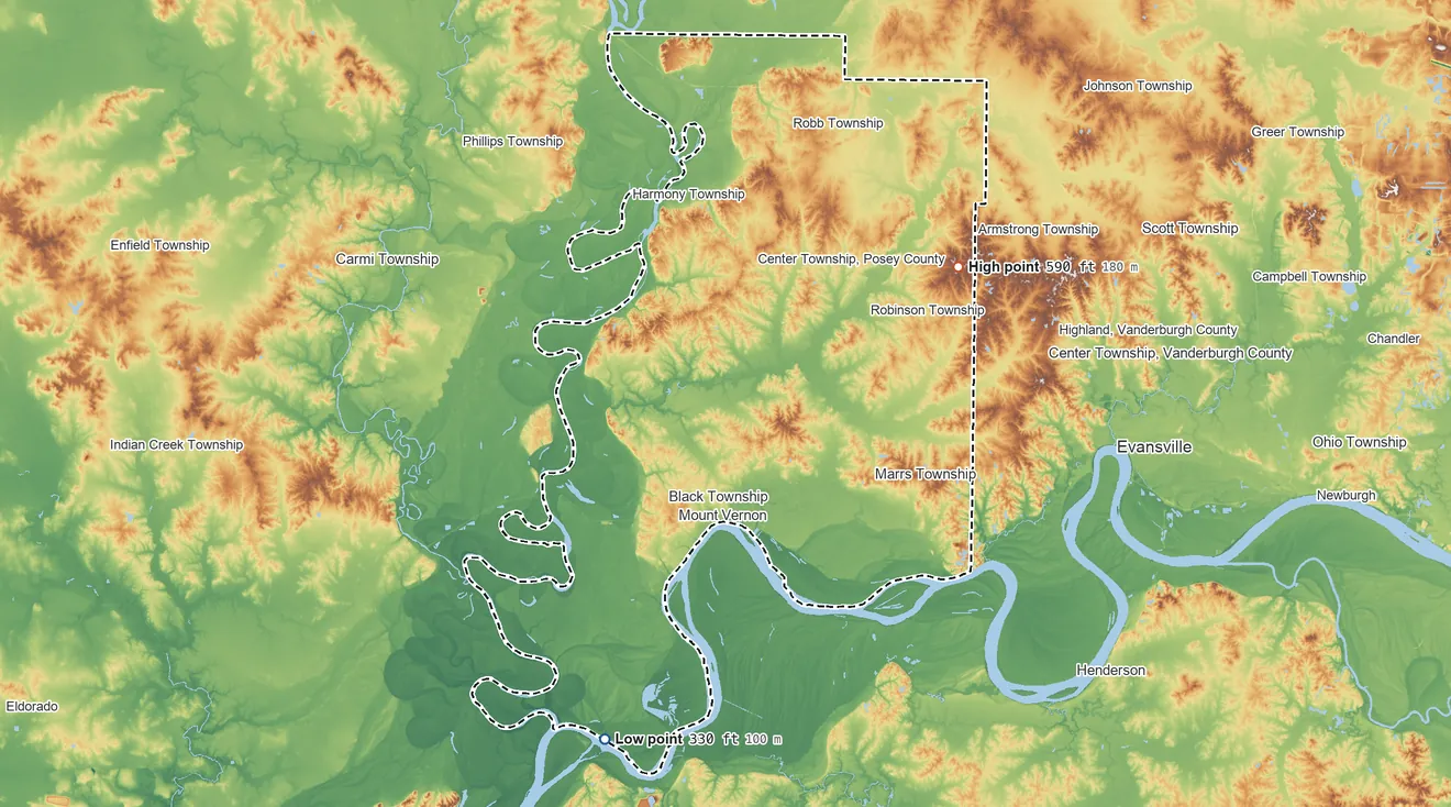 Topographic elevation map of Posey County, Indiana, shaded from 330 ft on the south side to 590 ft on the northeast side