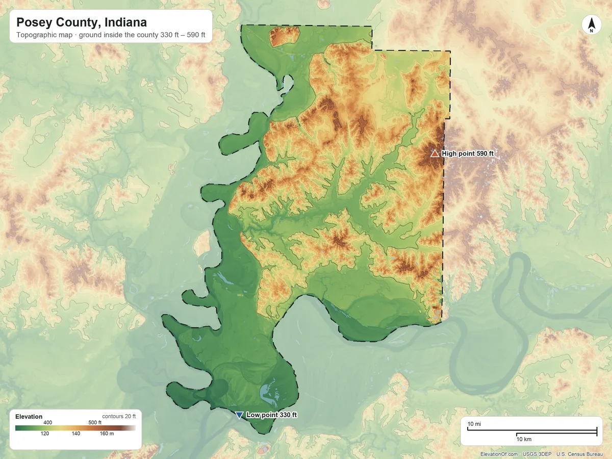 Topographic elevation map of Posey County, Indiana, shaded from 330 ft on the south side to 590 ft on the northeast side