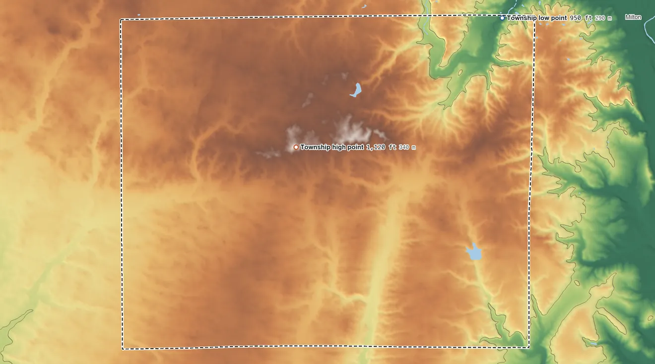Topographic elevation map of Posey Township, Fayette County, Indiana, shaded from 950 ft on the northeast side to 1,120 ft on the northwest side