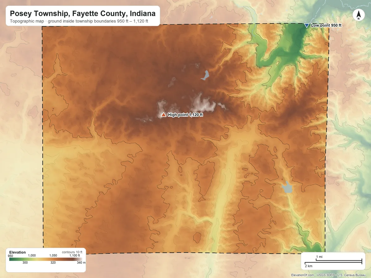 Topographic elevation map of Posey Township, Fayette County, Indiana, shaded from 950 ft on the northeast side to 1,120 ft on the northwest side