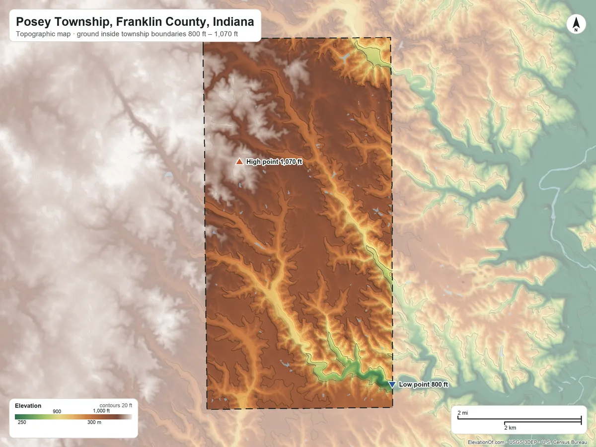 Topographic elevation map of Posey Township, Franklin County, Indiana, shaded from 800 ft on the southeast side to 1,070 ft on the northwest side