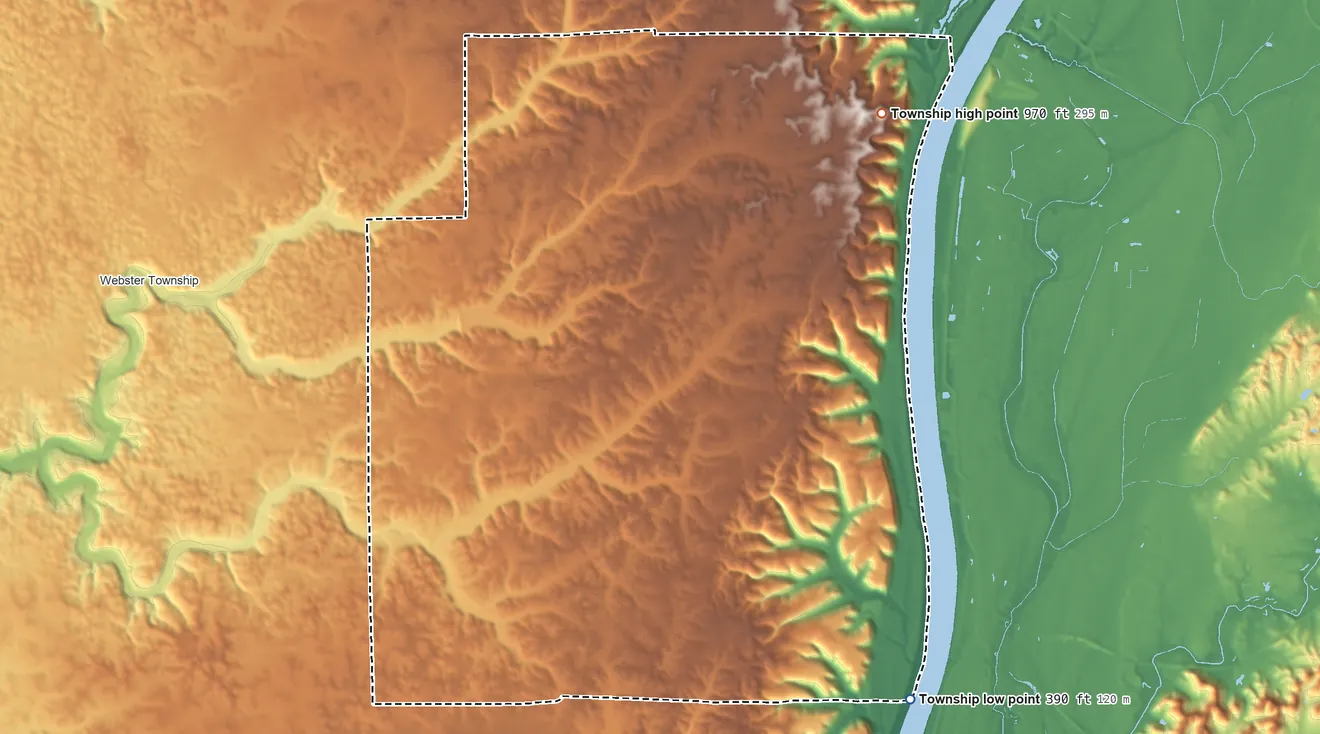 Topographic elevation map of Posey Township, Harrison County, Indiana, shaded from 390 ft on the southeast side to 970 ft on the northeast side
