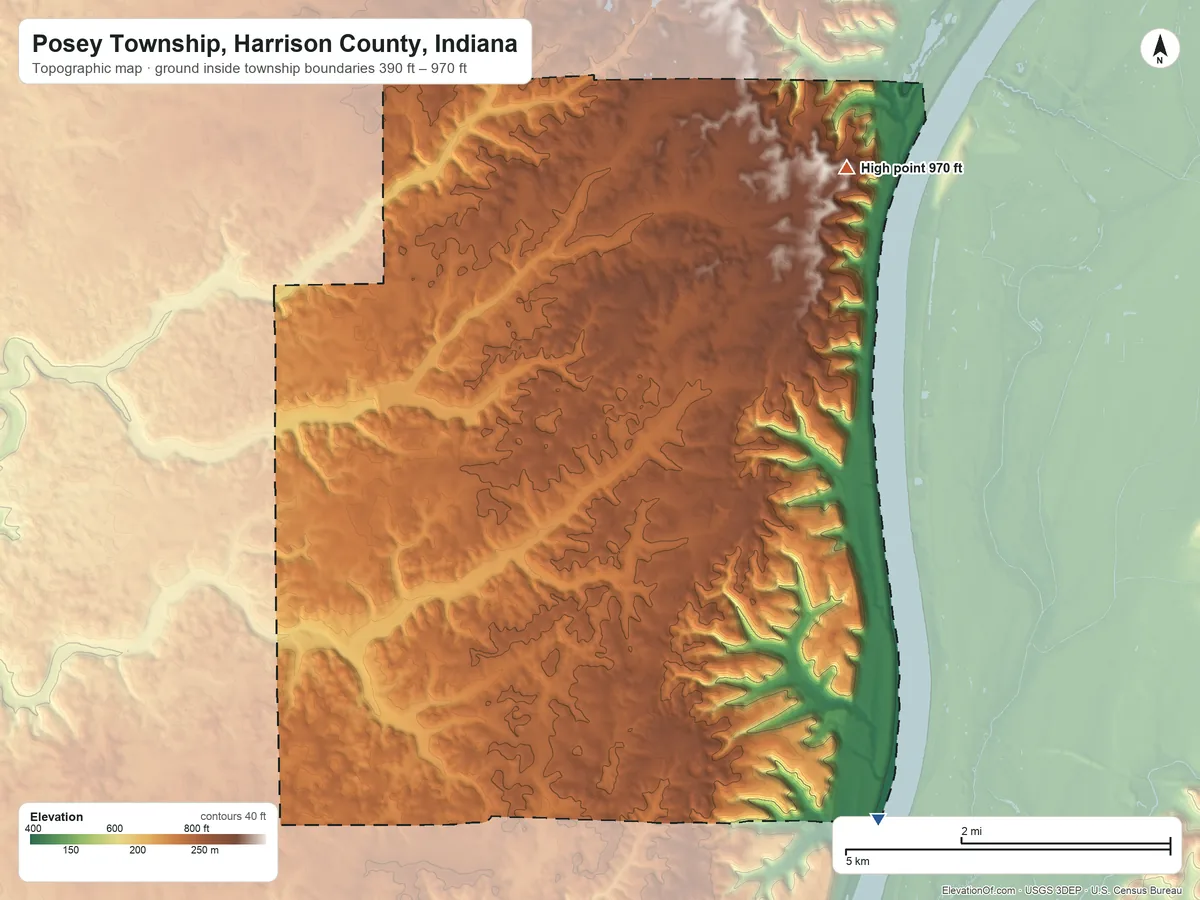 Topographic elevation map of Posey Township, Harrison County, Indiana, shaded from 390 ft on the southeast side to 970 ft on the northeast side