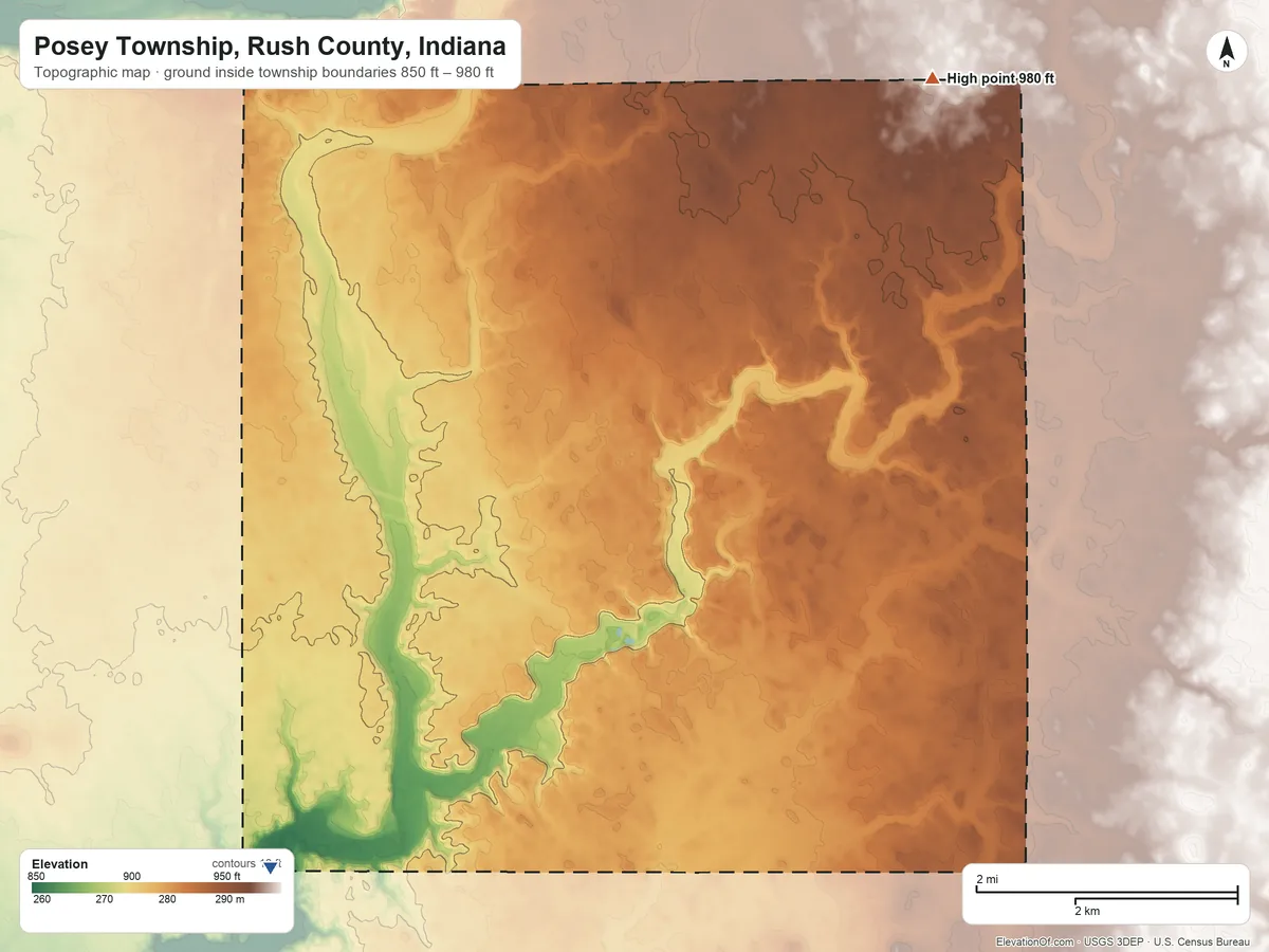 Topographic elevation map of Posey Township, Rush County, Indiana, shaded from 850 ft on the southwest side to 980 ft on the northeast side