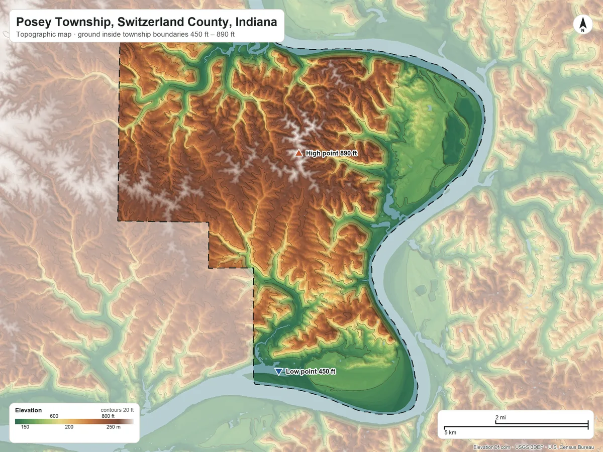 Topographic elevation map of Posey Township, Switzerland County, Indiana, shaded from 450 ft on the south side to 890 ft near the middle