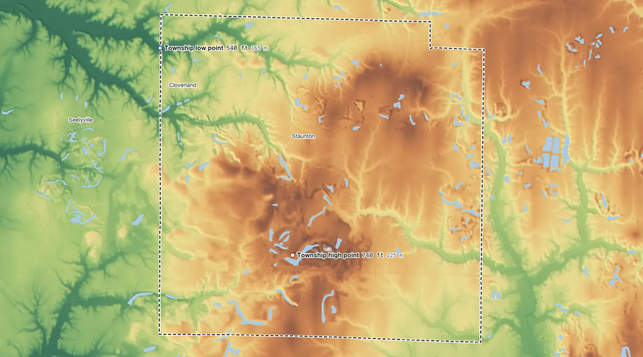 Topographic elevation map of Posey Township, Indiana, shaded from 540 ft on the west side to 740 ft on the south side