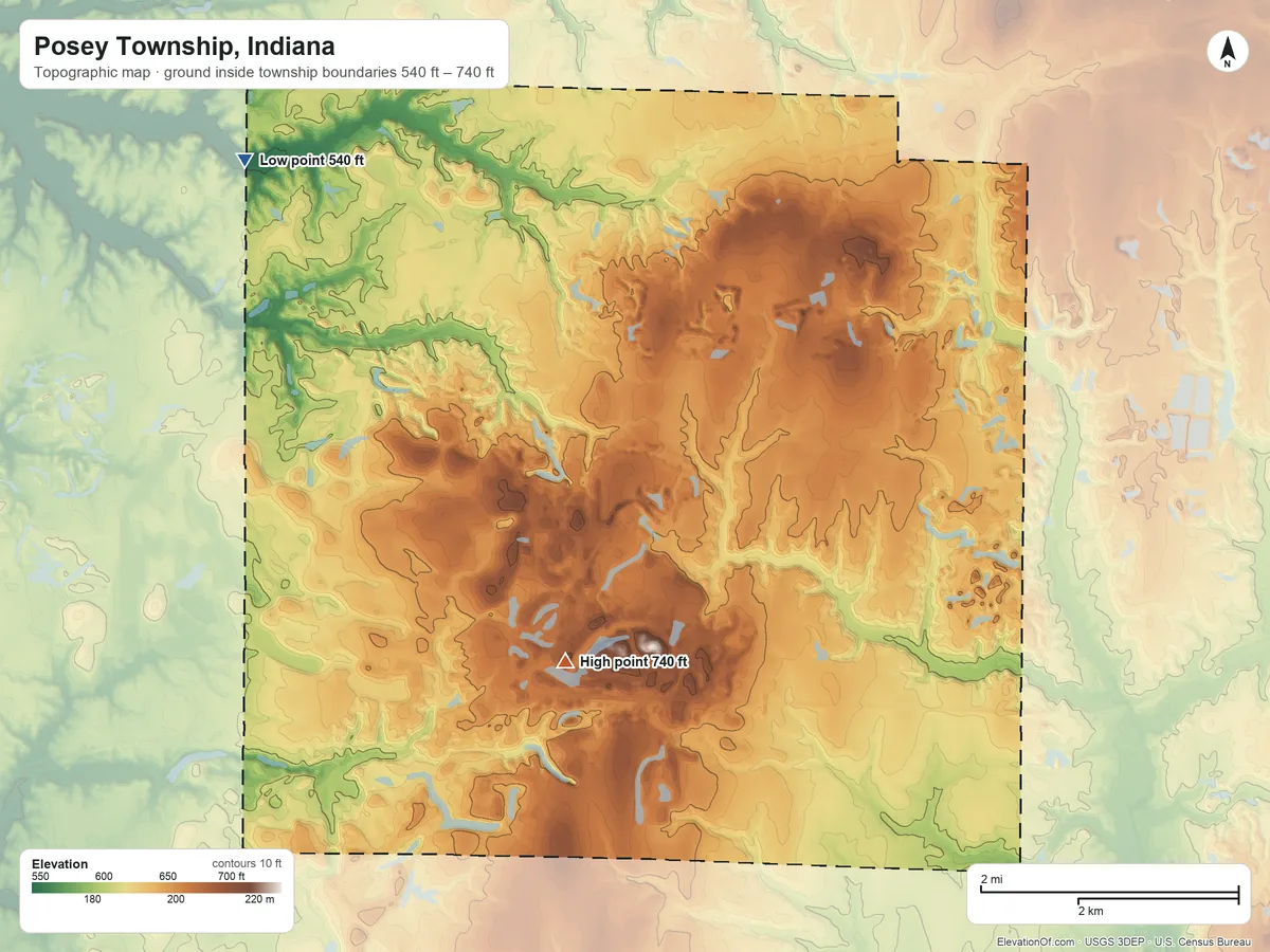 Topographic elevation map of Posey Township, Indiana, shaded from 540 ft on the west side to 740 ft on the south side