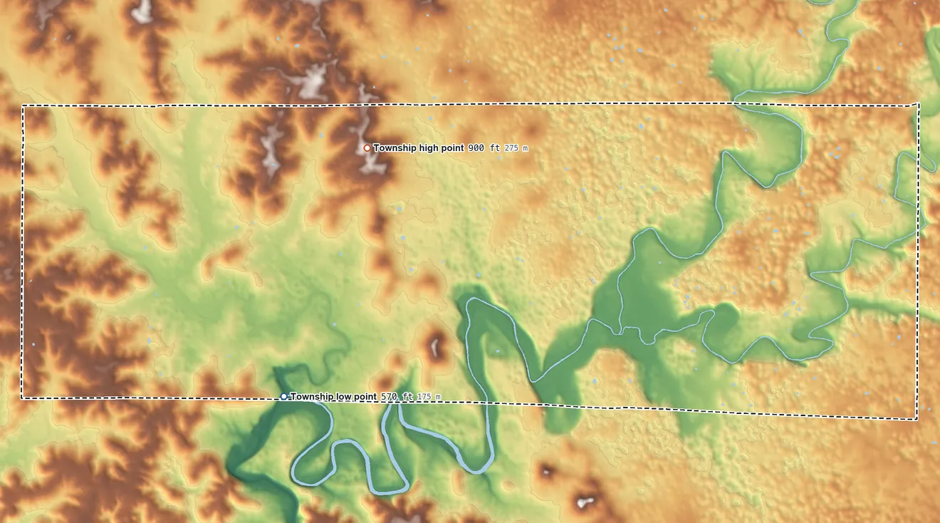 Topographic elevation map of Posey Township, Washington County, Indiana, shaded from 570 ft on the southwest side to 900 ft on the northwest side