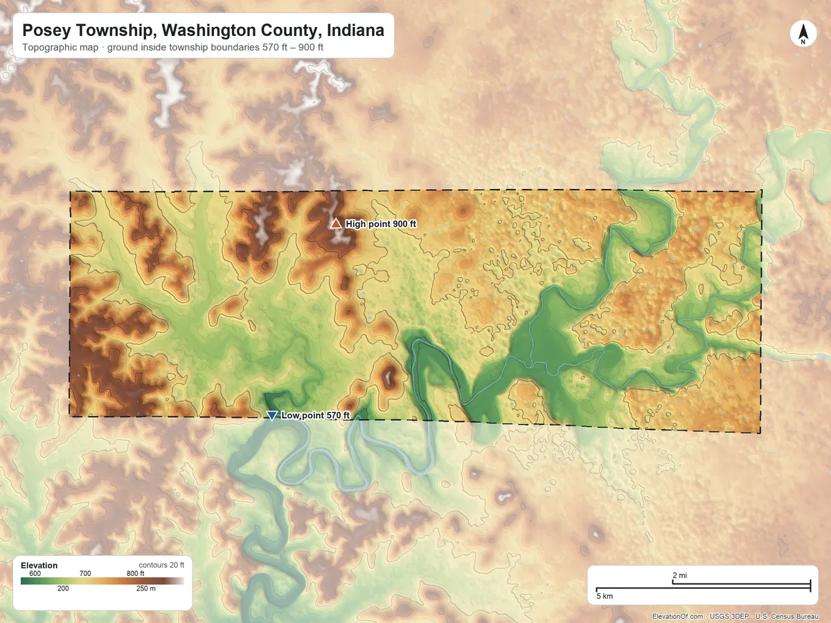 Topographic elevation map of Posey Township, Washington County, Indiana, shaded from 570 ft on the southwest side to 900 ft on the northwest side