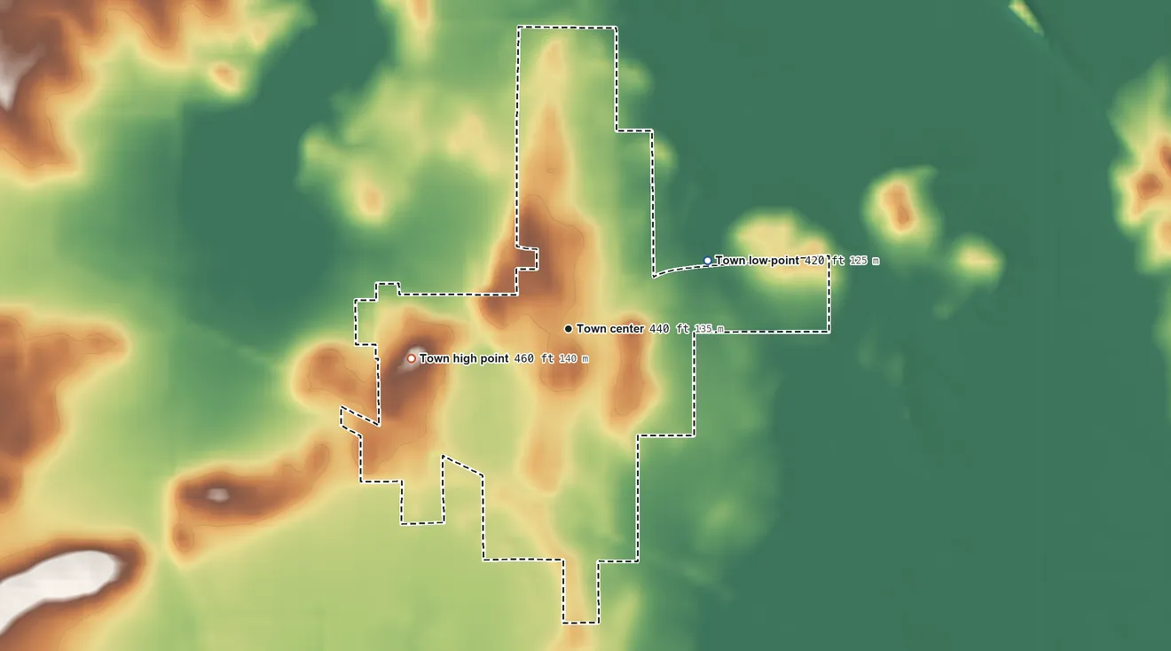 Topographic elevation map of Poseyville, Indiana, shaded from 420 ft on the northeast side to 460 ft on the west side