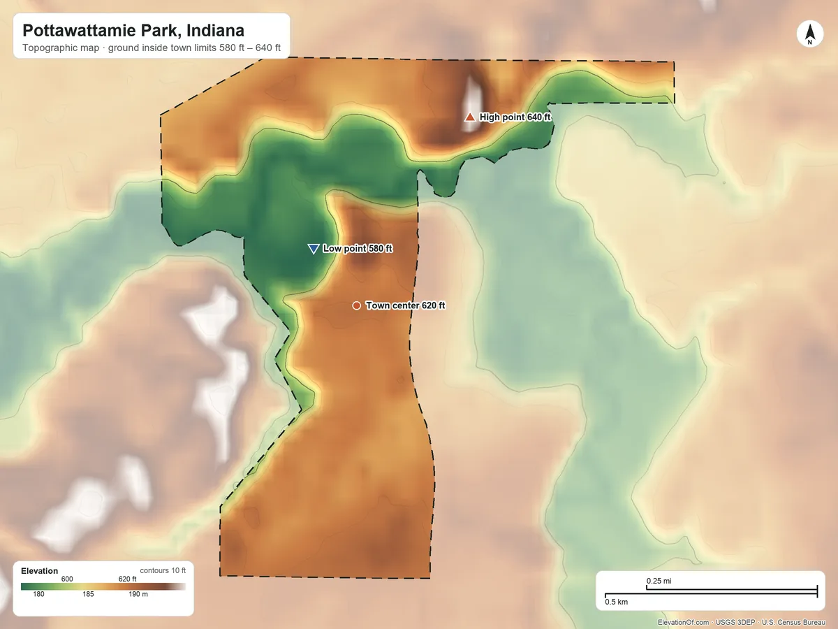 Topographic elevation map of Pottawattamie Park, Indiana, shaded from 580 ft near the middle to 640 ft on the northeast side