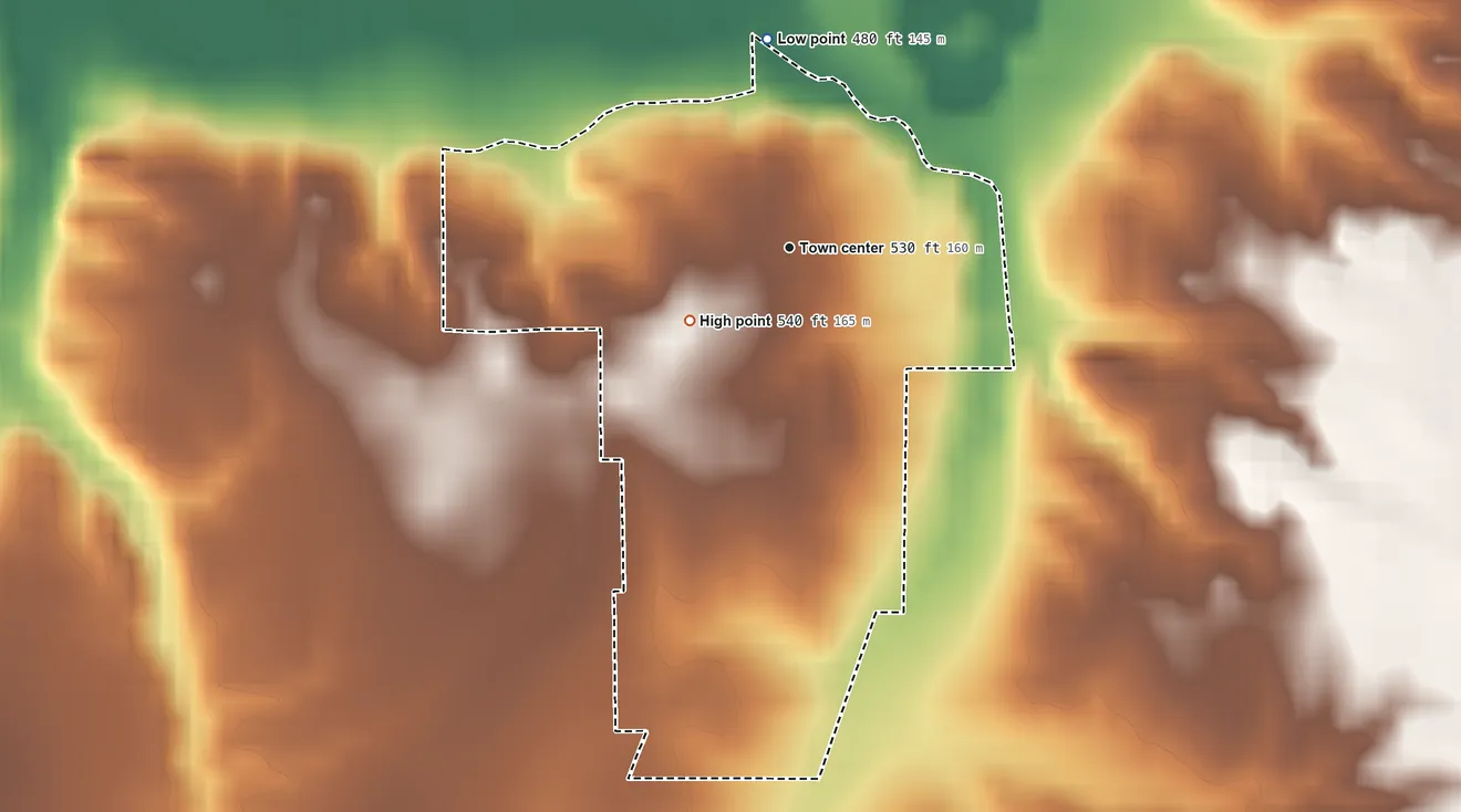 Topographic elevation map of Prairie Creek, Indiana, shaded from 480 ft on the north side to 540 ft on the southwest side