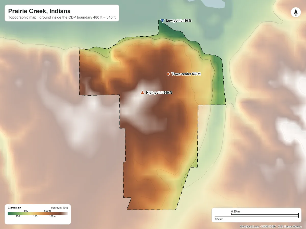Topographic elevation map of Prairie Creek, Indiana, shaded from 480 ft on the north side to 540 ft on the southwest side