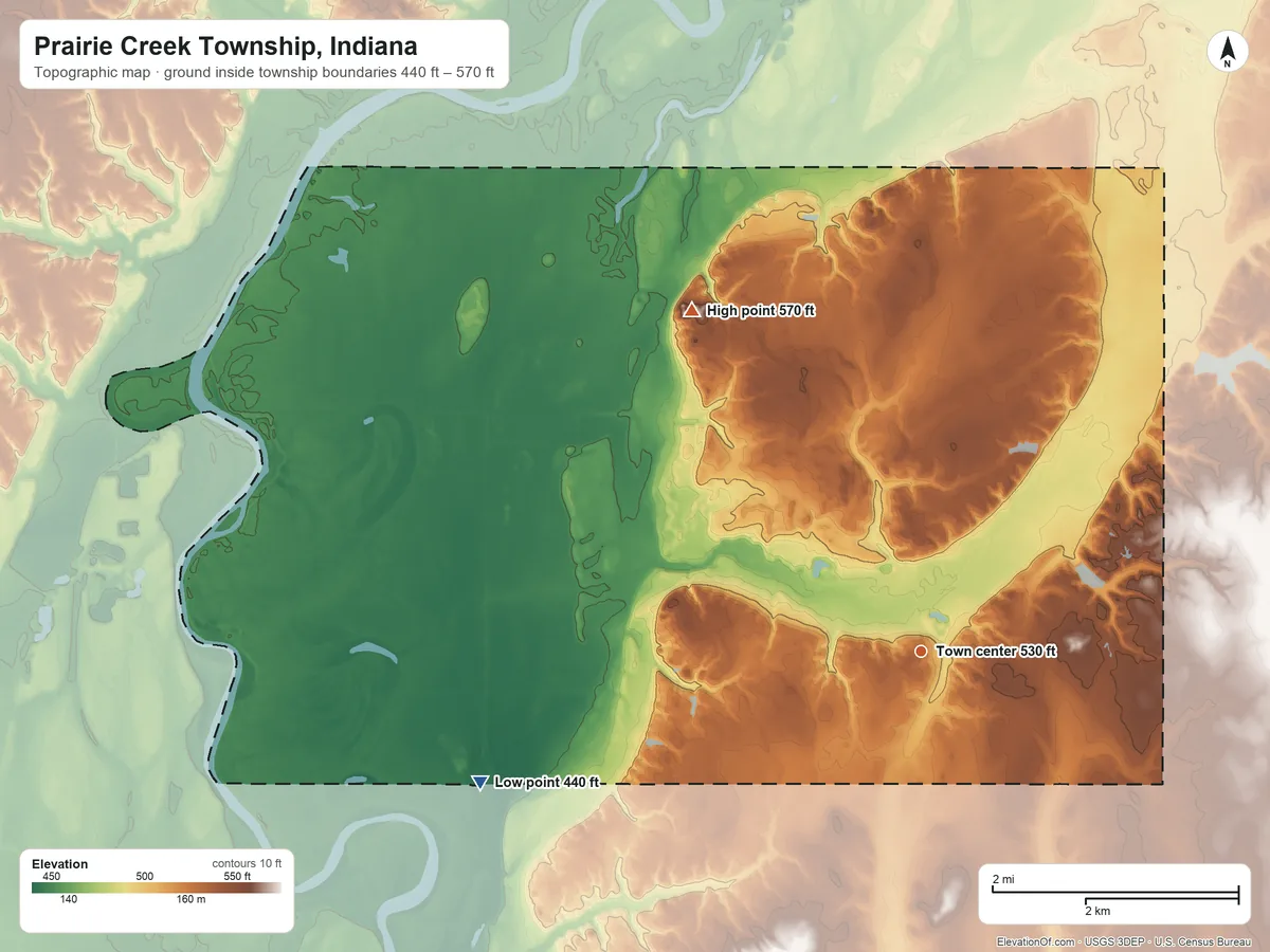 Topographic elevation map of Prairie Creek Township, Indiana, shaded from 440 ft on the west side to 570 ft on the northwest side