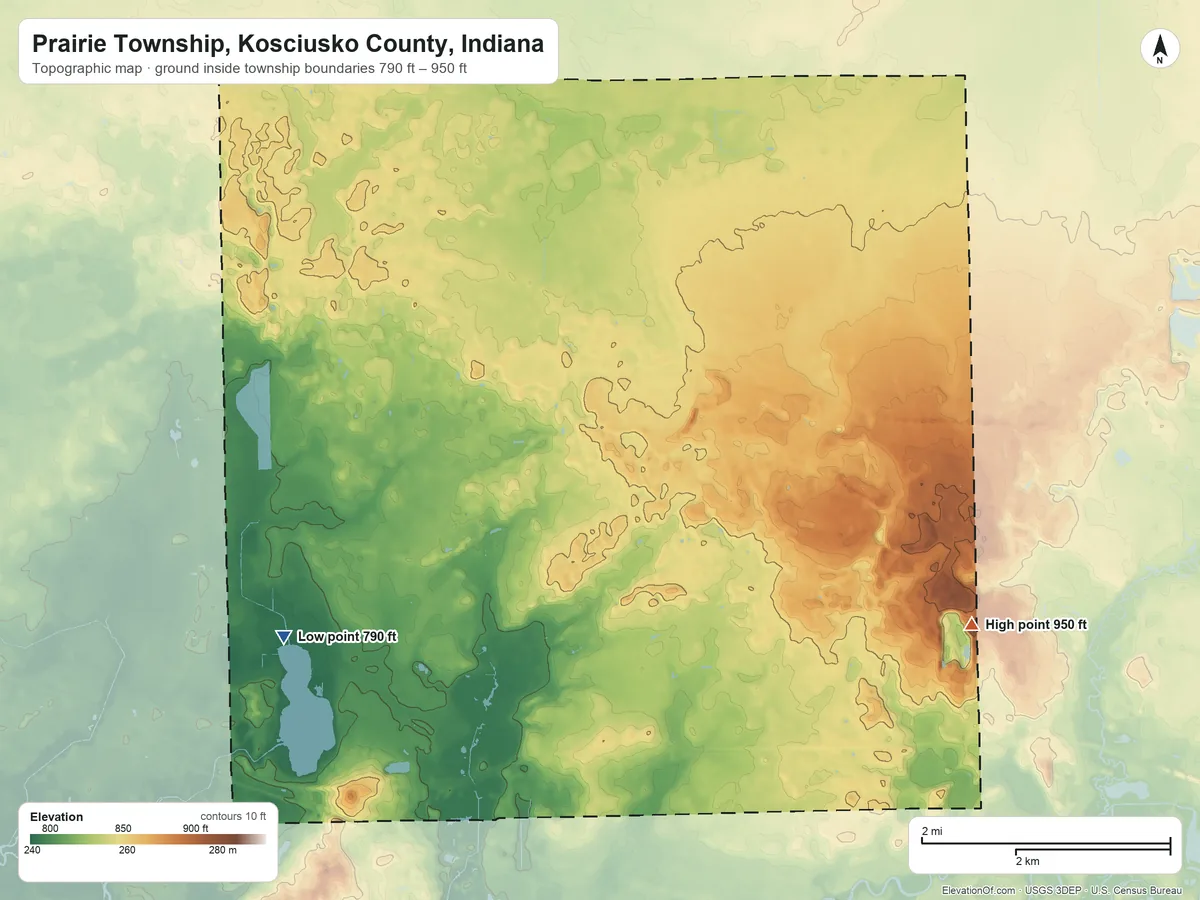 Topographic elevation map of Prairie Township, Kosciusko County, Indiana, shaded from 790 ft on the southwest side to 950 ft on the east side