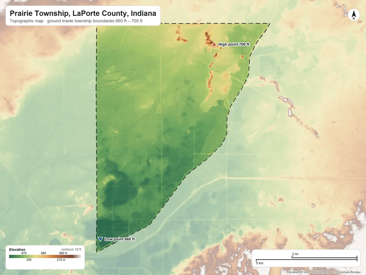 Topographic elevation map of Prairie Township, LaPorte County, Indiana, shaded from 660 ft on the southwest side to 700 ft on the northeast side