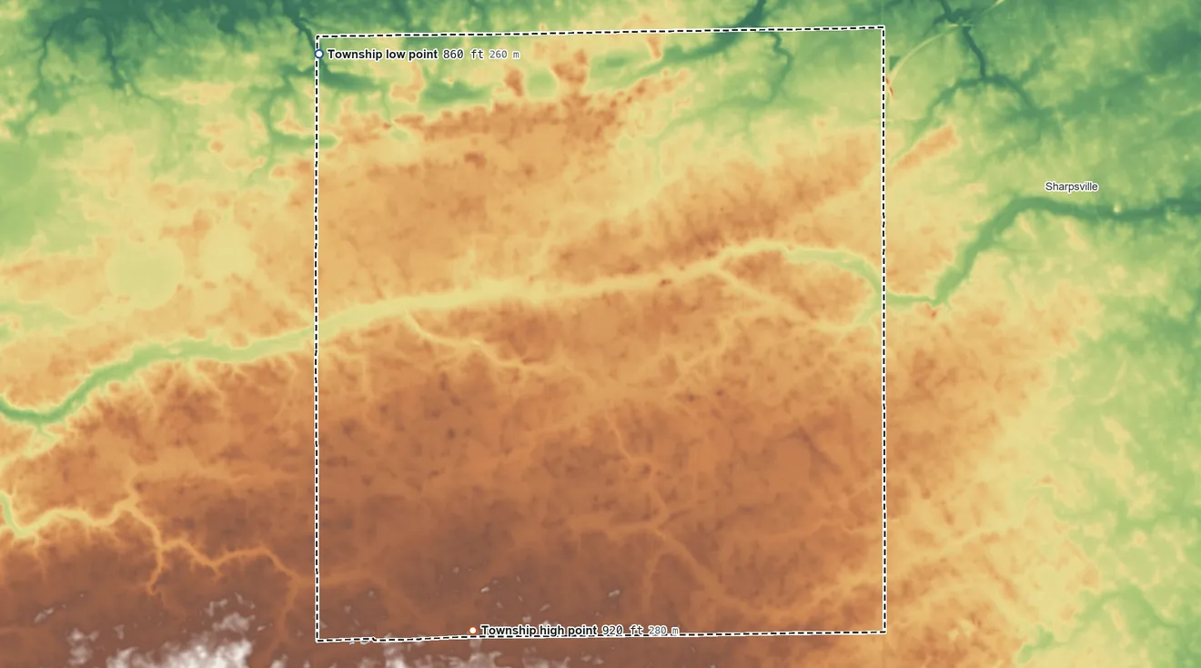 Topographic elevation map of Prairie Township, Tipton County, Indiana, shaded from 860 ft on the northwest side to 920 ft on the southwest side