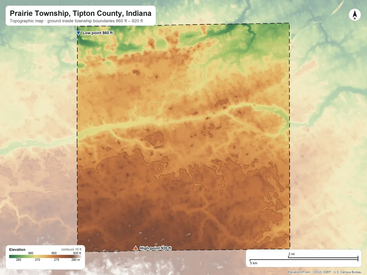 Topographic elevation map of Prairie Township, Tipton County, Indiana, shaded from 860 ft on the northwest side to 920 ft on the southwest side