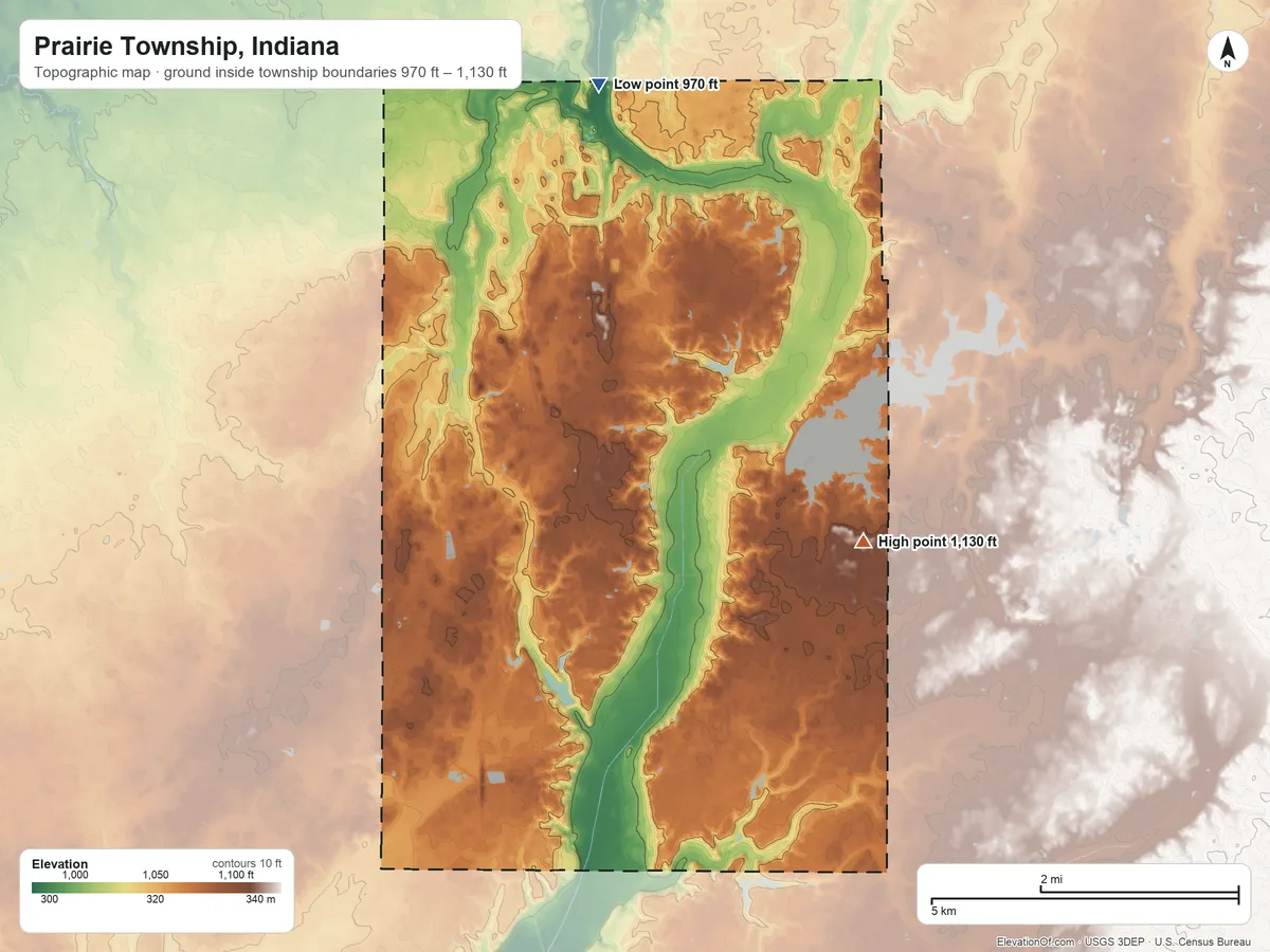 Topographic elevation map of Prairie Township, Indiana, shaded from 970 ft on the north side to 1,130 ft on the northeast side