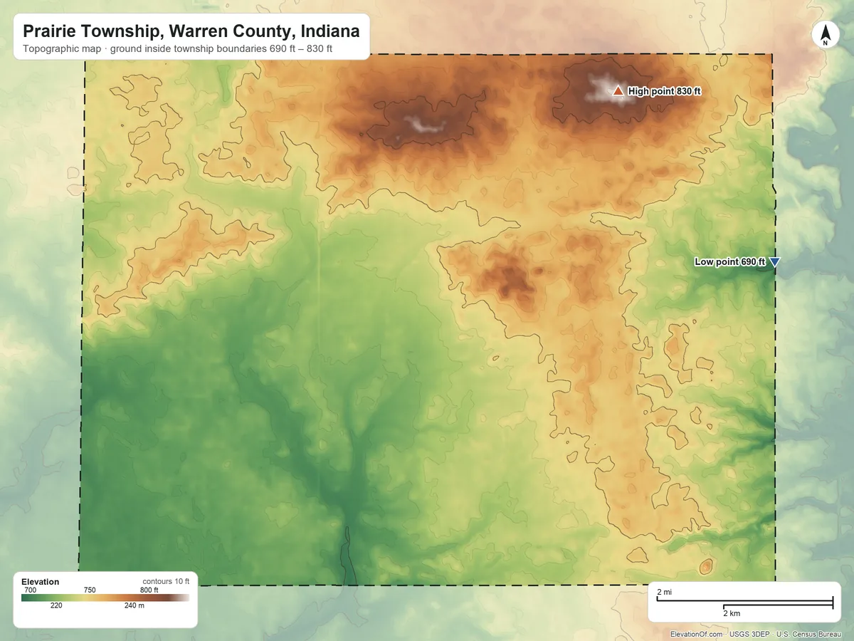 Topographic elevation map of Prairie Township, Warren County, Indiana, shaded from 690 ft on the east side to 830 ft on the northeast side