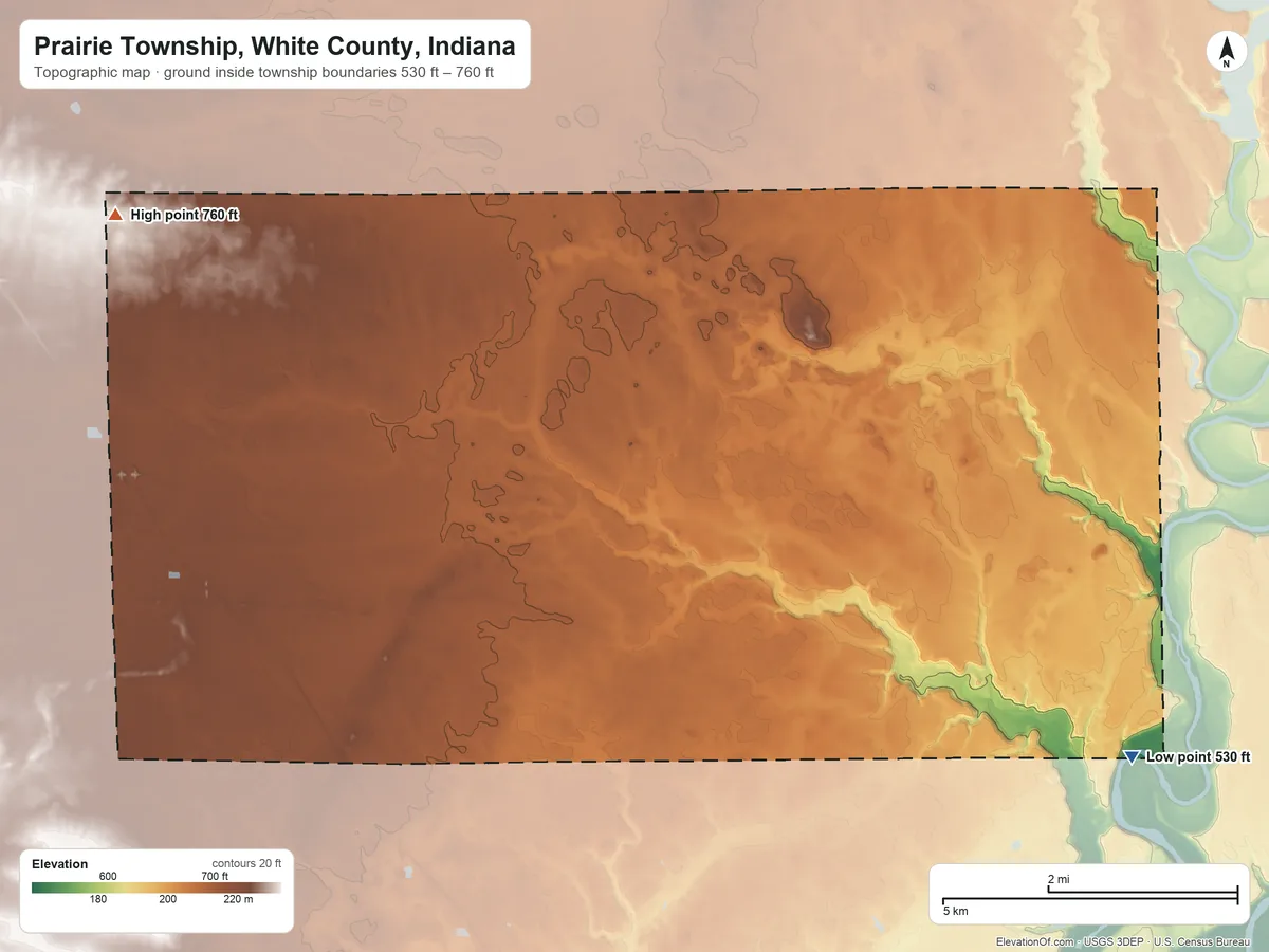 Topographic elevation map of Prairie Township, White County, Indiana, shaded from 530 ft on the southeast side to 760 ft on the northwest side