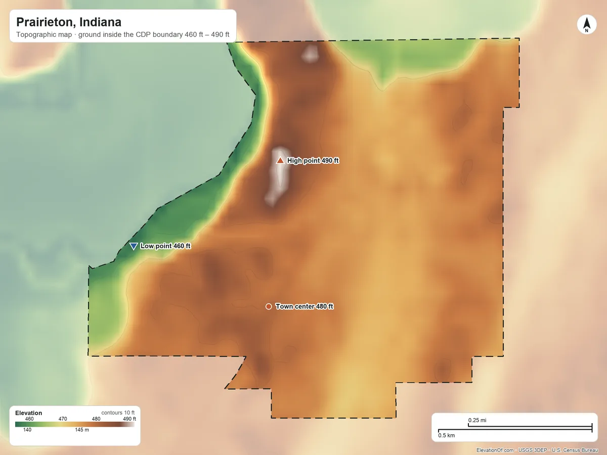 Topographic elevation map of Prairieton, Indiana, shaded from 460 ft on the northwest side to 490 ft on the north side