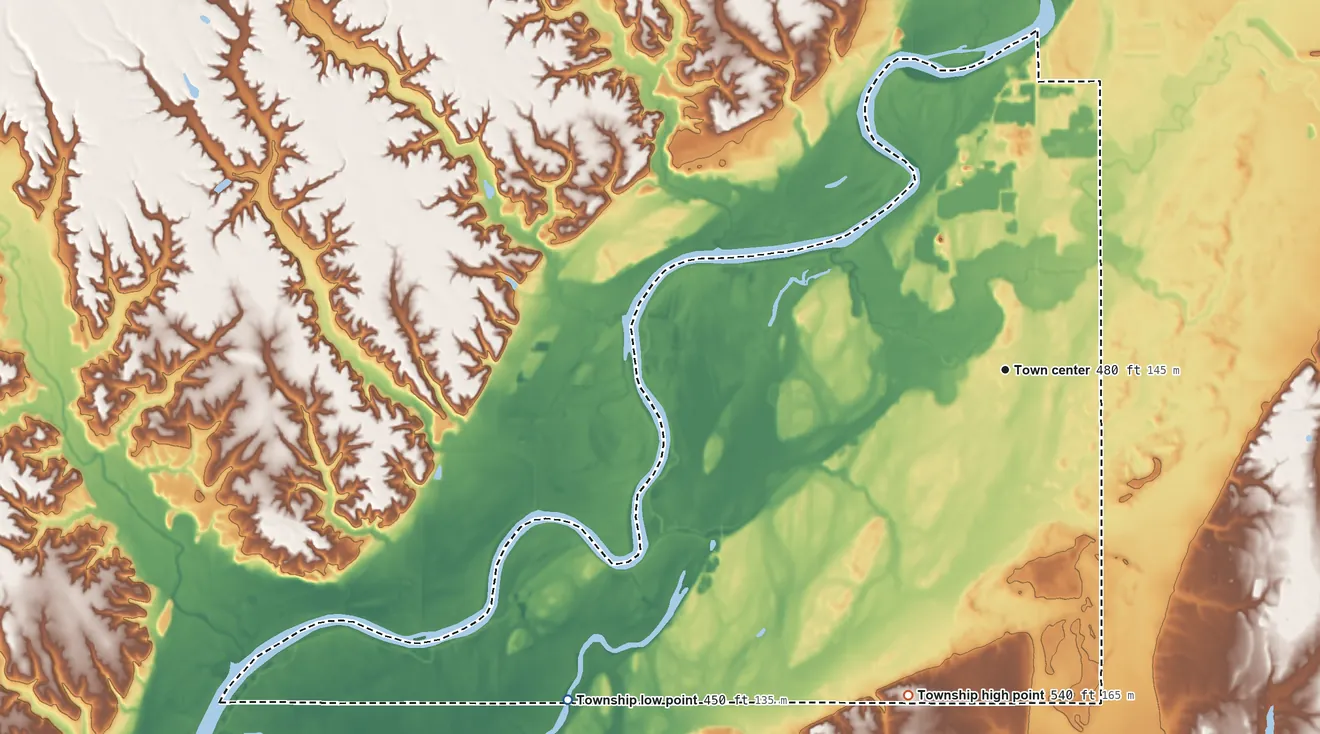 Topographic elevation map of Prairieton Township, Indiana, shaded from 450 ft on the southwest side to 540 ft on the south side
