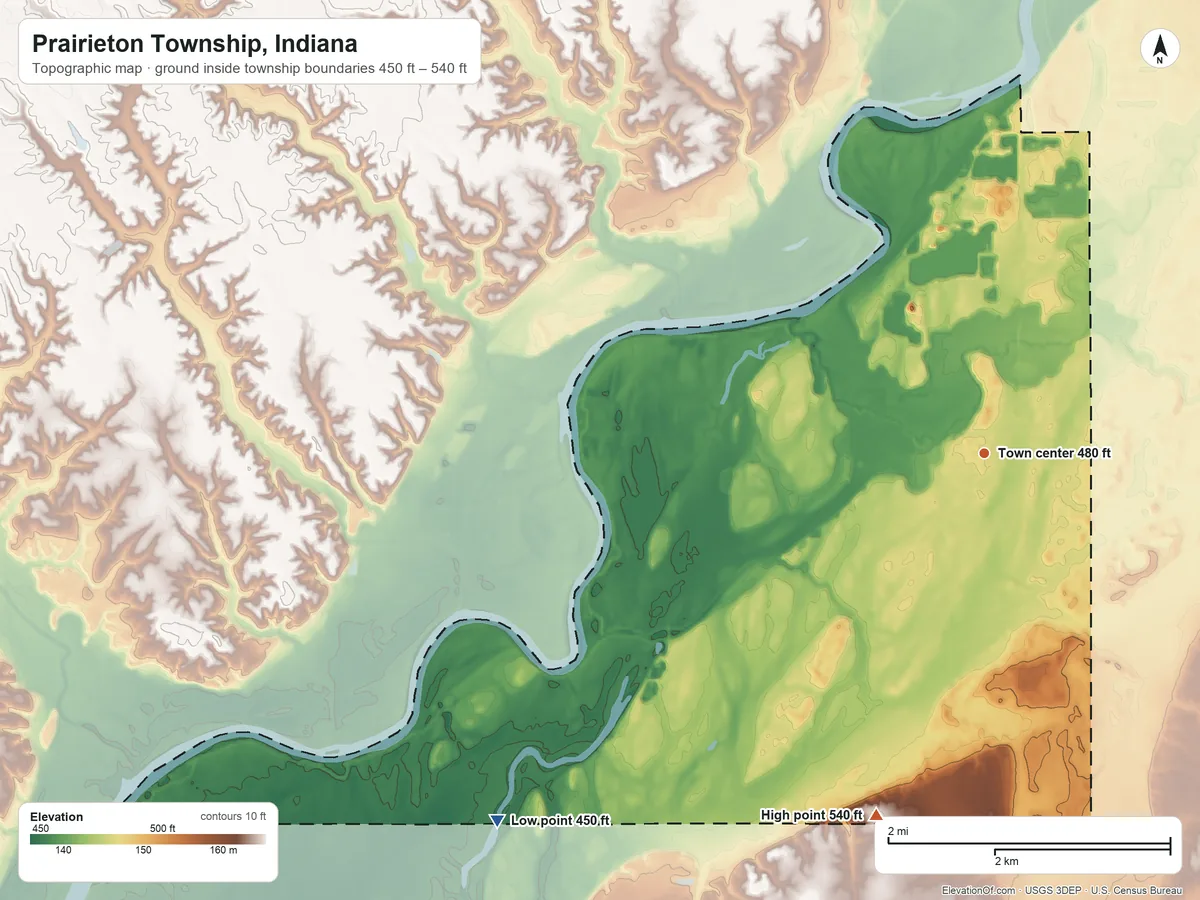 Topographic elevation map of Prairieton Township, Indiana, shaded from 450 ft on the southwest side to 540 ft on the south side