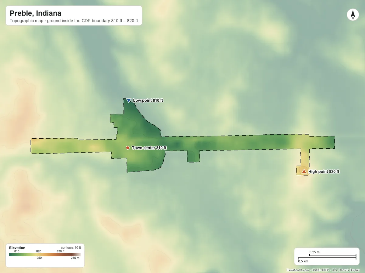 Topographic elevation map of Preble, Indiana, shaded from 810 ft on the north side to 820 ft on the east side