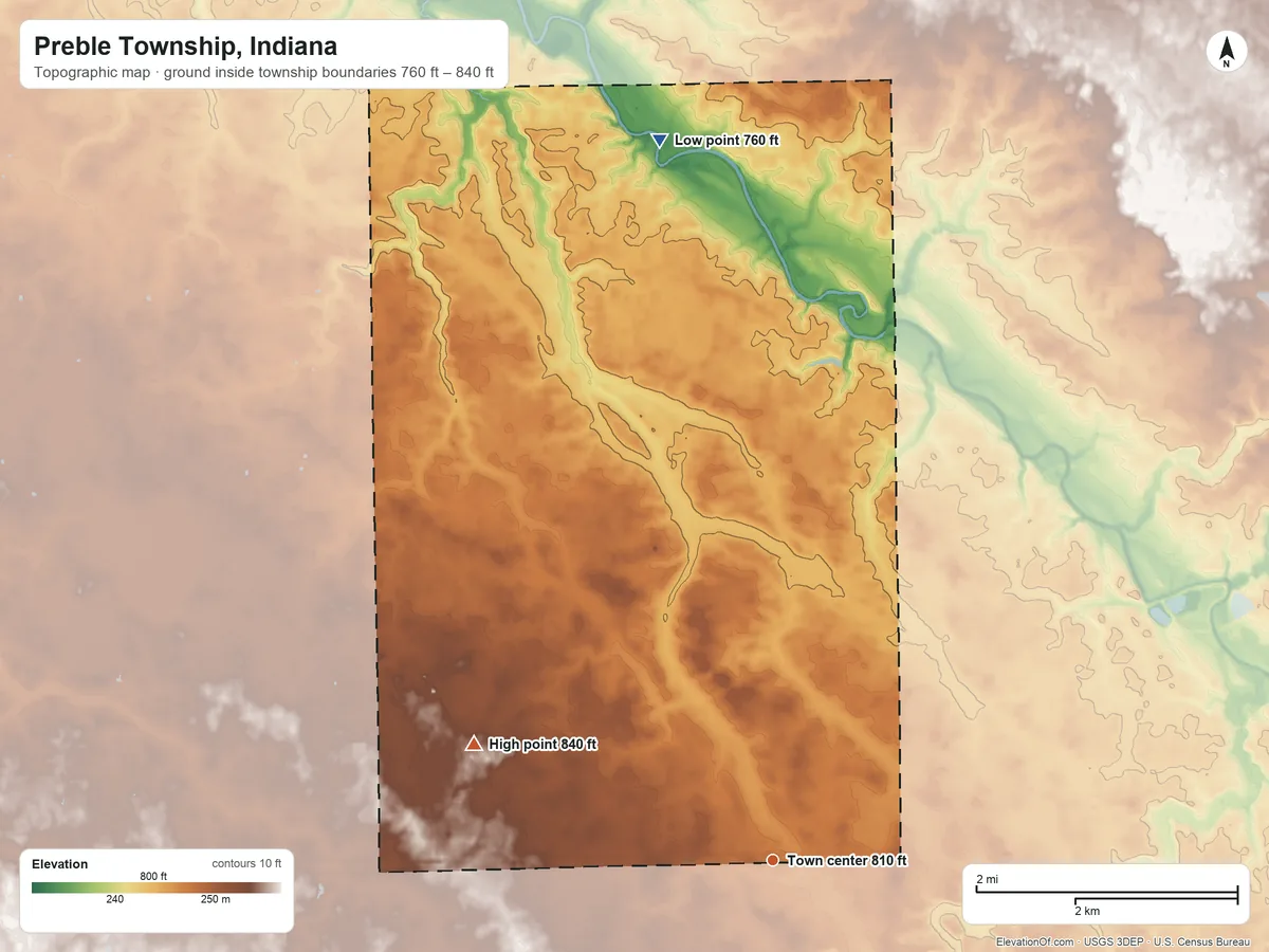 Topographic elevation map of Preble Township, Indiana, shaded from 760 ft on the north side to 840 ft on the west side