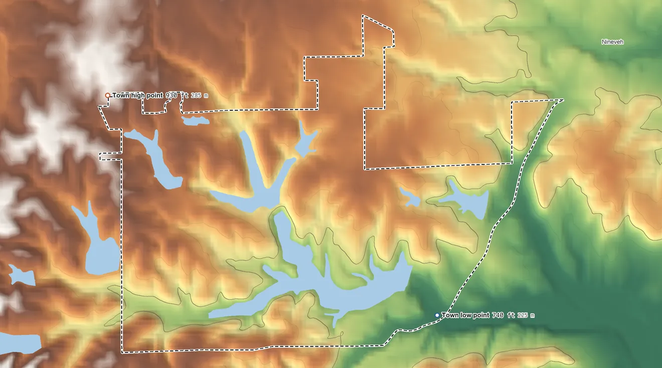 Topographic elevation map of Prince's Lakes, Indiana, shaded from 740 ft on the southeast side to 930 ft on the northwest side