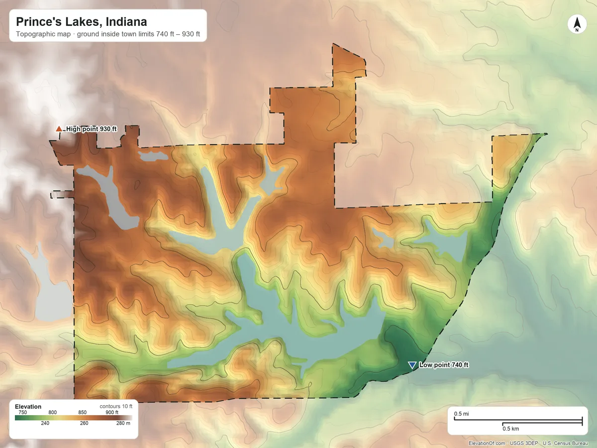 Topographic elevation map of Prince's Lakes, Indiana, shaded from 740 ft on the southeast side to 930 ft on the northwest side