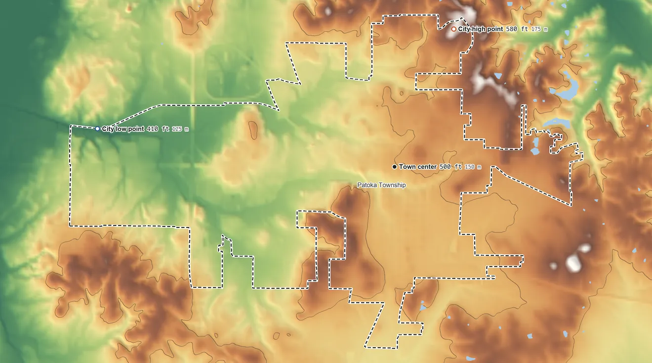 Topographic elevation map of Princeton, Indiana, shaded from 410 ft on the west side to 580 ft on the northeast side