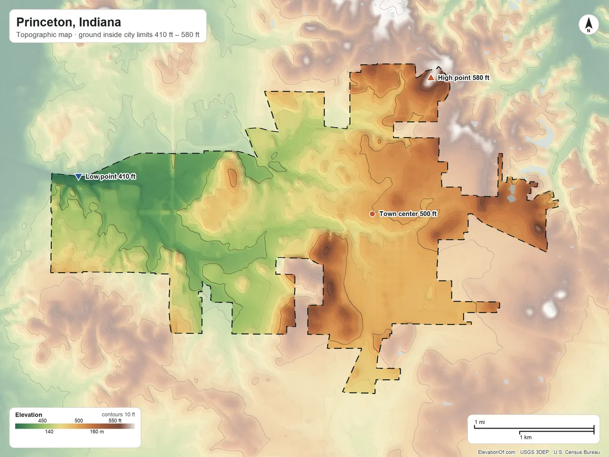 Topographic elevation map of Princeton, Indiana, shaded from 410 ft on the west side to 580 ft on the northeast side