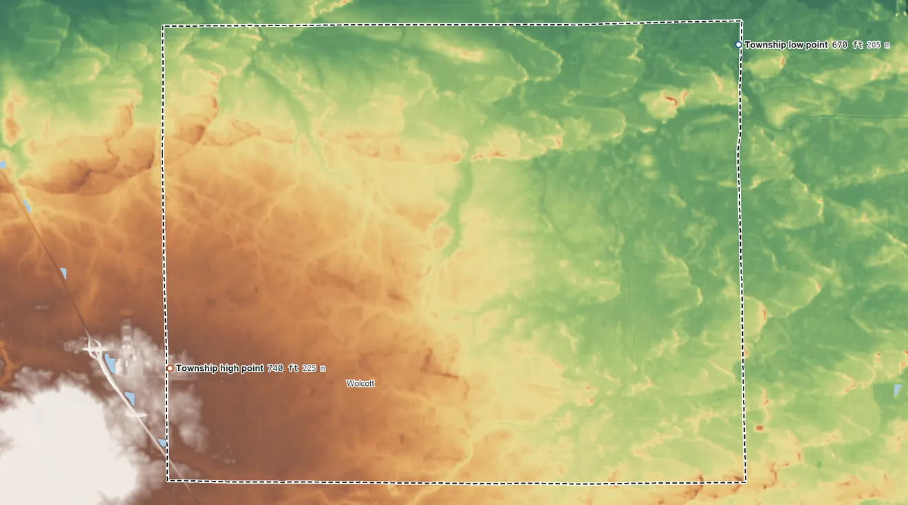 Topographic elevation map of Princeton Township, Indiana, shaded from 670 ft on the northeast side to 740 ft on the west side