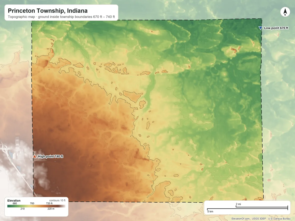 Topographic elevation map of Princeton Township, Indiana, shaded from 670 ft on the northeast side to 740 ft on the west side