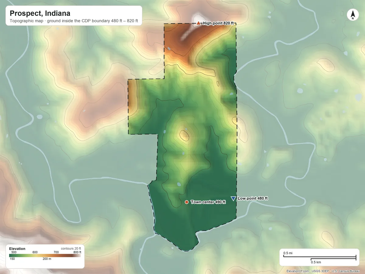 Topographic elevation map of Prospect, Indiana, shaded from 480 ft on the east side to 820 ft on the north side