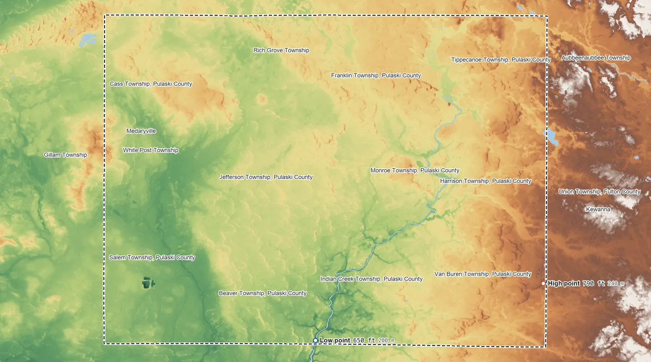 Topographic elevation map of Pulaski County, Indiana, shaded from 650 ft on the south side to 790 ft on the southeast side
