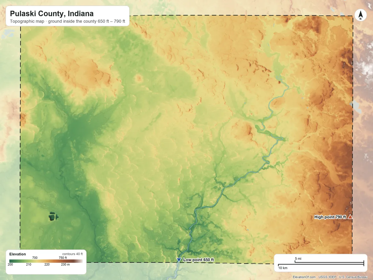 Topographic elevation map of Pulaski County, Indiana, shaded from 650 ft on the south side to 790 ft on the southeast side
