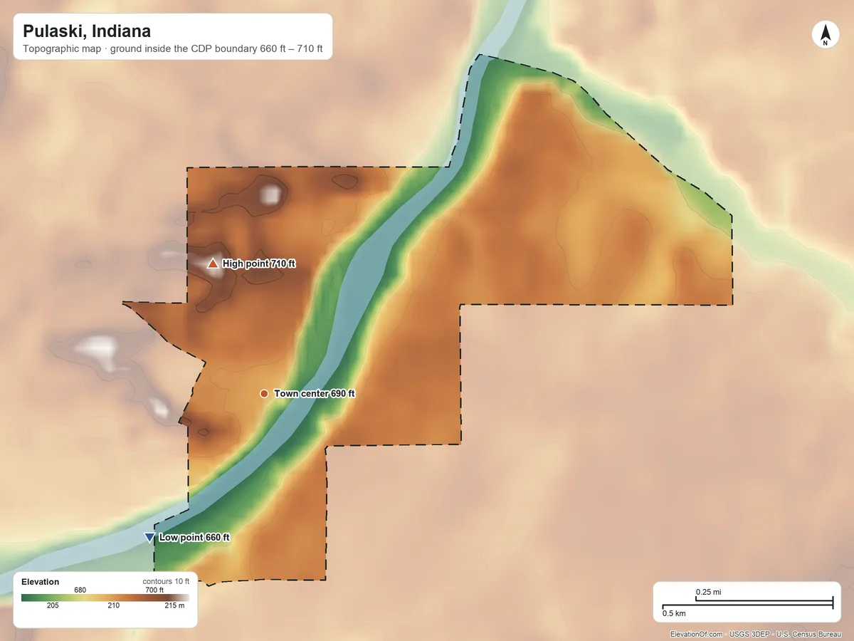 Topographic elevation map of Pulaski, Indiana, shaded from 660 ft on the southwest side to 710 ft on the north side