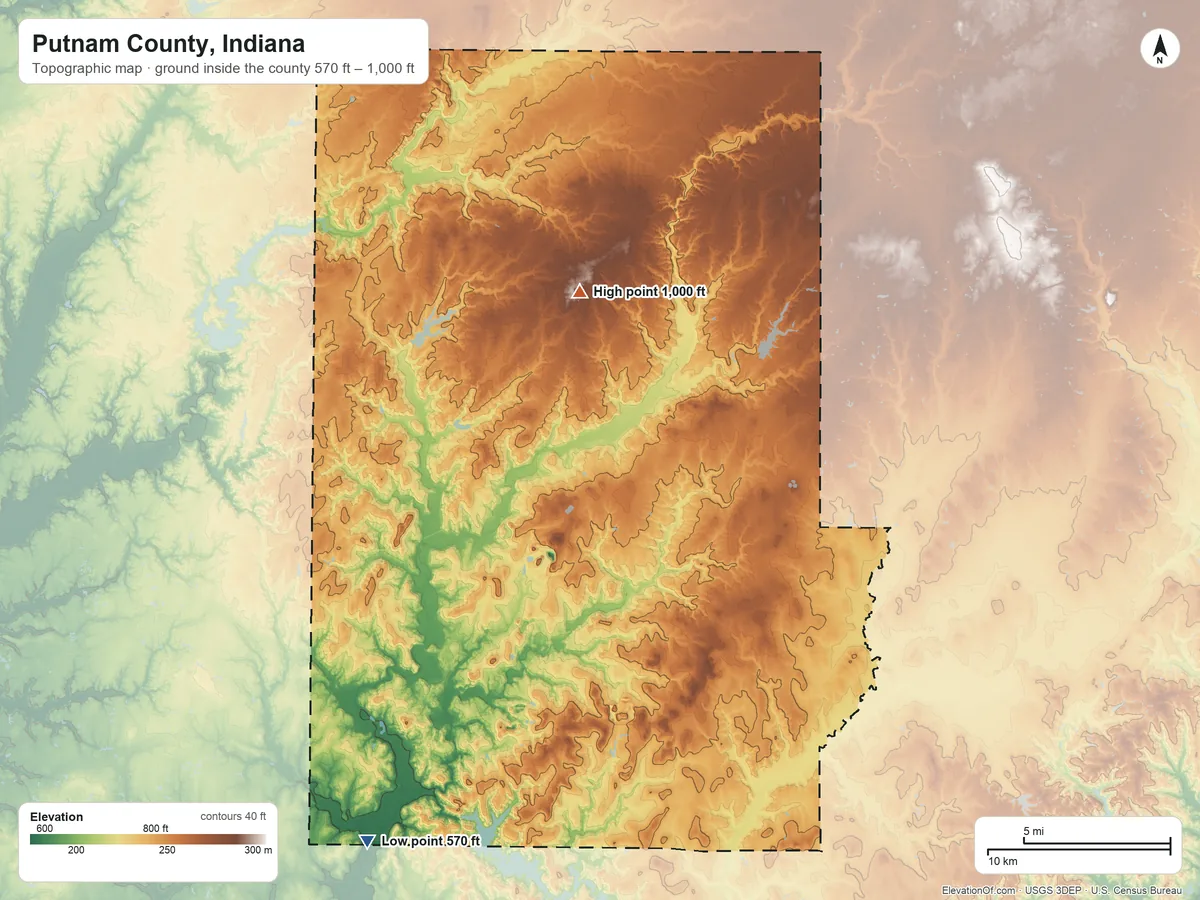 Topographic elevation map of Putnam County, Indiana, shaded from 570 ft on the southwest side to 1,000 ft on the north side