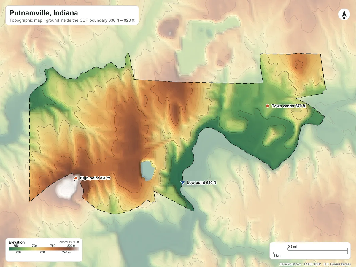 Topographic elevation map of Putnamville, Indiana, shaded from 630 ft on the southwest side to 820 ft on the west side