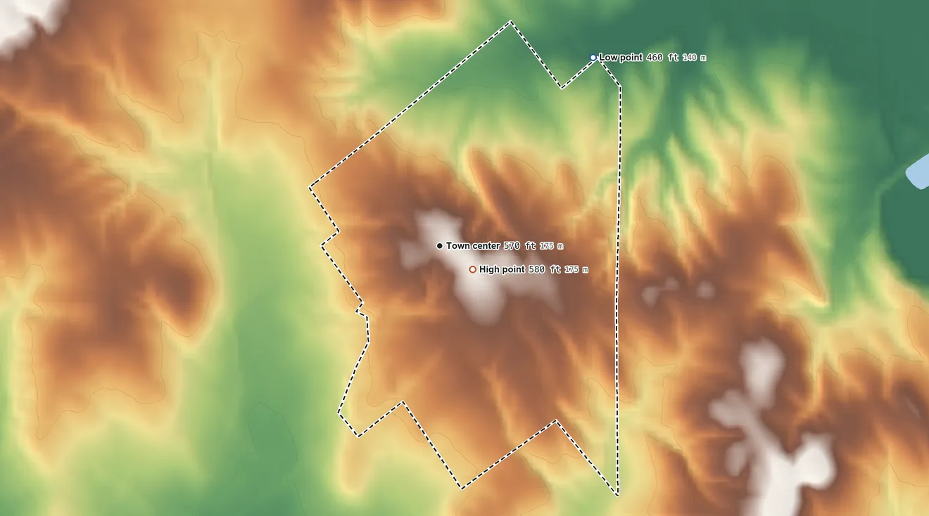Topographic elevation map of Ragsdale, Indiana, shaded from 460 ft on the northeast side to 580 ft near the middle