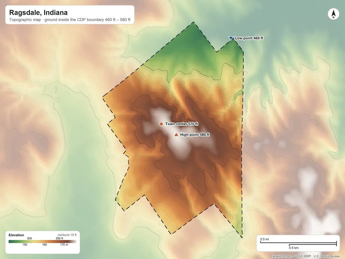 Topographic elevation map of Ragsdale, Indiana, shaded from 460 ft on the northeast side to 580 ft near the middle