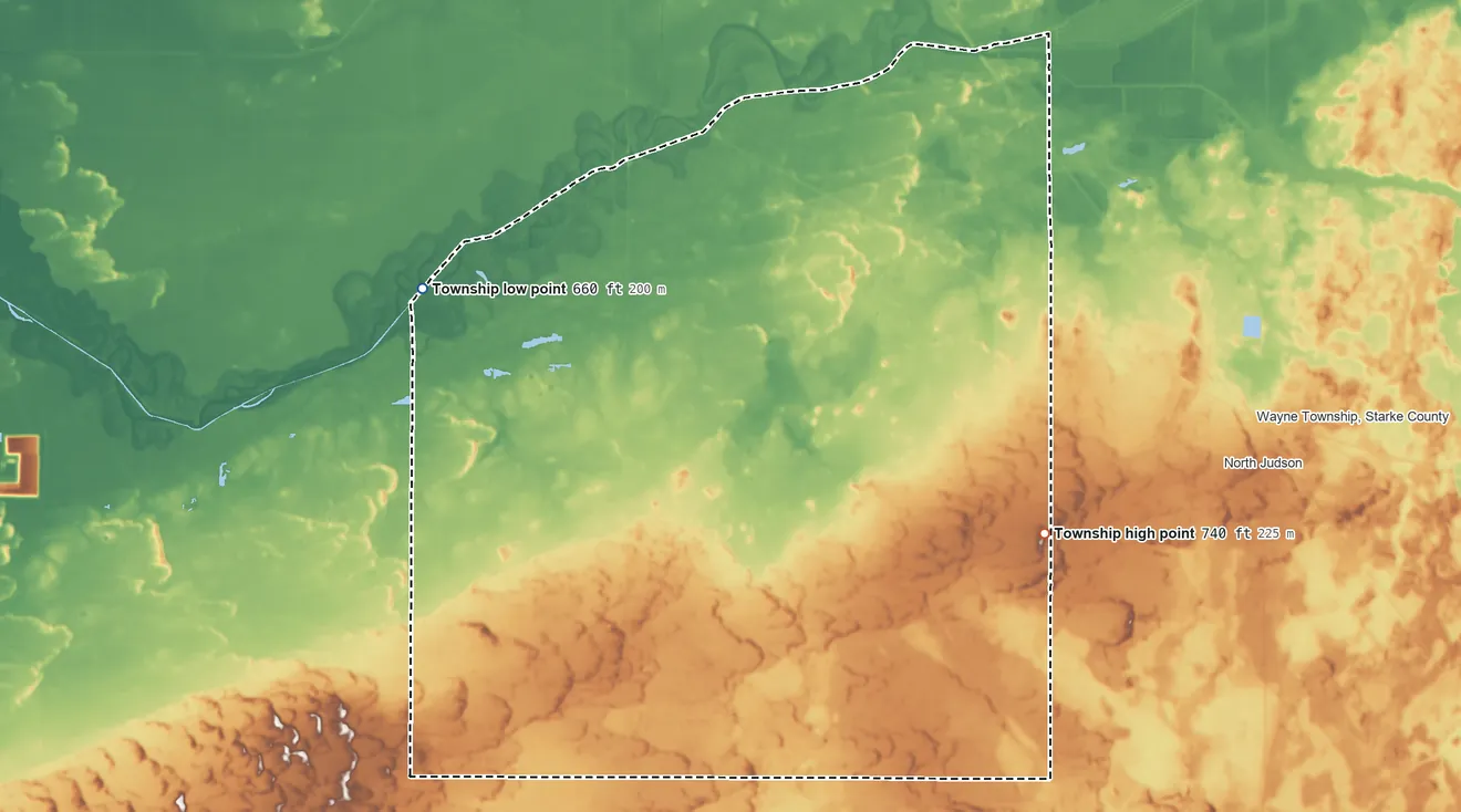 Topographic elevation map of Railroad Township, Indiana, shaded from 660 ft on the northwest side to 740 ft on the east side