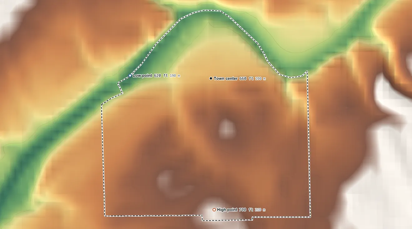 Topographic elevation map of Rainsville, Indiana, shaded from 620 ft on the west side to 700 ft on the south side