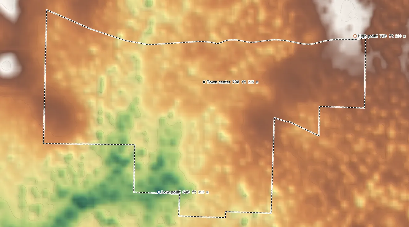Topographic elevation map of Ramsey, Indiana, shaded from 640 ft on the south side to 760 ft on the east side